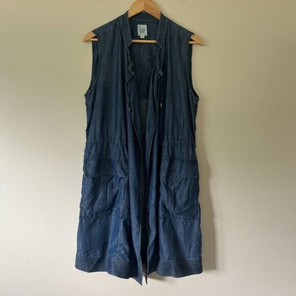 Vintage Gap Blue Sleeveless Open Front Vest Cardigan With Pockets S 100% Lyocell - Picture 2 of 10
